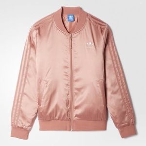 Adidas rose gold satin bomber jacket